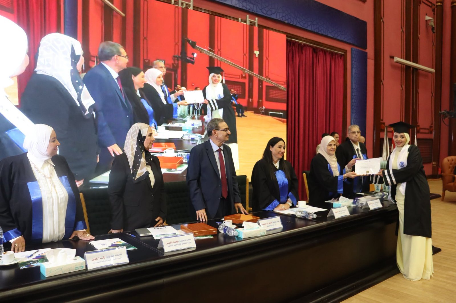 Nevine El-Kabbag, Fayyad, Essam Safi El-Din, and Tarek El-Desouky are guests of honor at the Thebes Higher Institutes graduation ceremony.